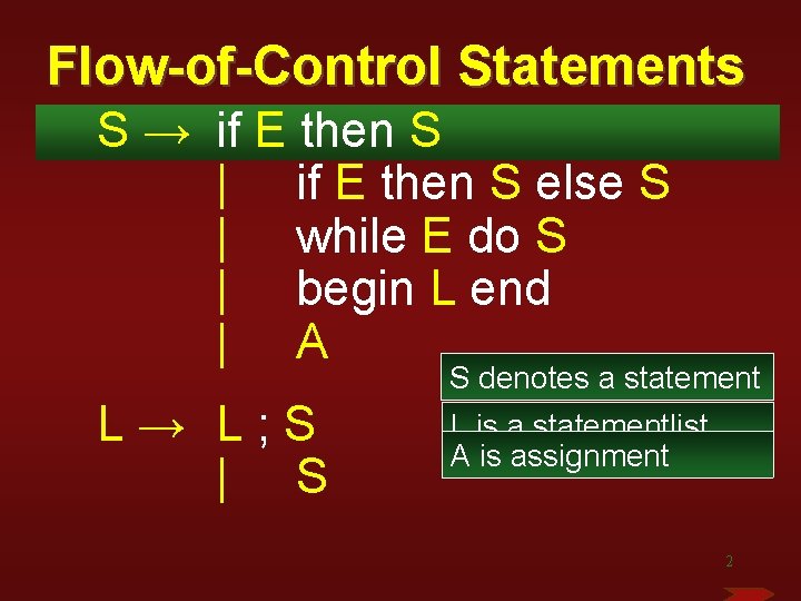 Flow-of-Control Statements S → if E then S | if E then S else