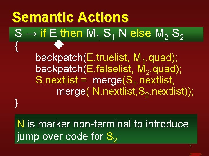 Semantic Actions S → if E then M 1 S 1 N else M