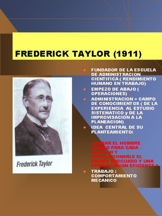 FREDERICK TAYLOR (1911) u u u FUNDADOR DE LA ESCUELA DE ADMINISTRACION CIENTIFICA ( FREDERICK TAYLOR (1911) u u u FUNDADOR DE LA ESCUELA DE ADMINISTRACION CIENTIFICA (