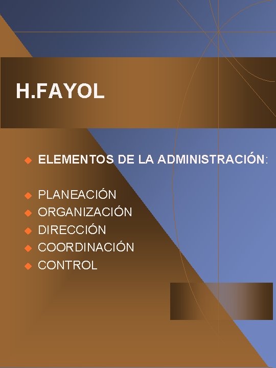 H. FAYOL u ELEMENTOS DE LA ADMINISTRACIÓN: u PLANEACIÓN ORGANIZACIÓN DIRECCIÓN COORDINACIÓN CONTROL u H. FAYOL u ELEMENTOS DE LA ADMINISTRACIÓN: u PLANEACIÓN ORGANIZACIÓN DIRECCIÓN COORDINACIÓN CONTROL u