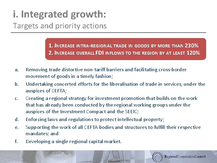i. Integrated growth: Targets and priority actions 1. INCREASE INTRA-REGIONAL TRADE IN GOODS BY