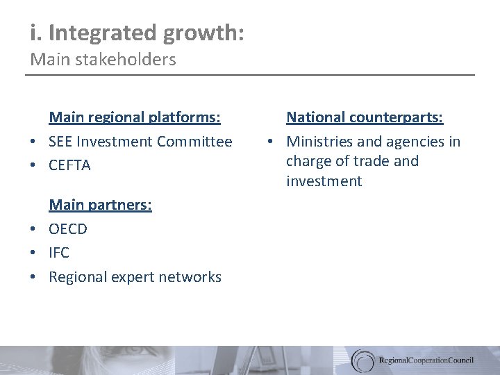i. Integrated growth: Main stakeholders Main regional platforms: • SEE Investment Committee • CEFTA