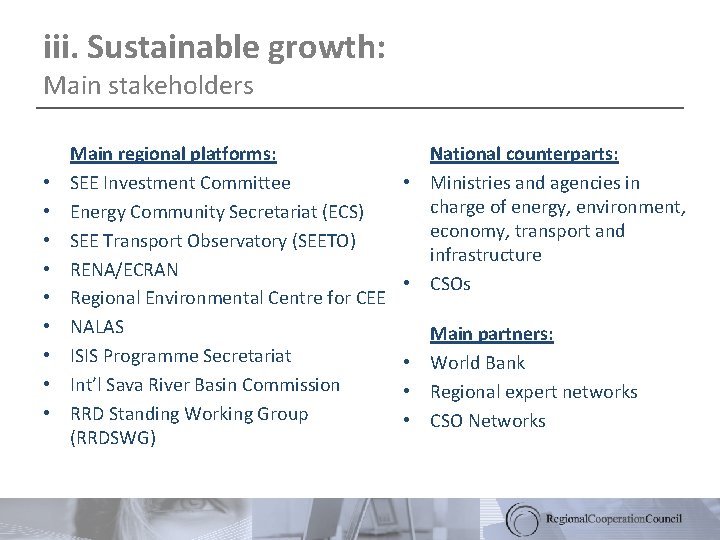 iii. Sustainable growth: Main stakeholders • • • Main regional platforms: SEE Investment Committee