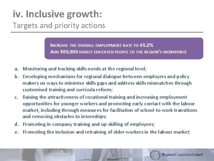 iv. Inclusive growth: Targets and priority actions INCREASE THE OVERALL EMPLOYMENT RATE TO 45.
