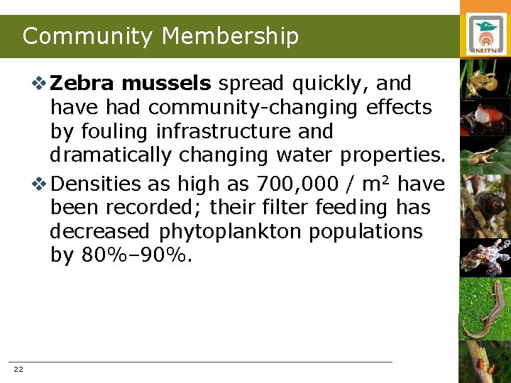 Community Membership v Zebra mussels spread quickly, and have had community-changing effects by fouling