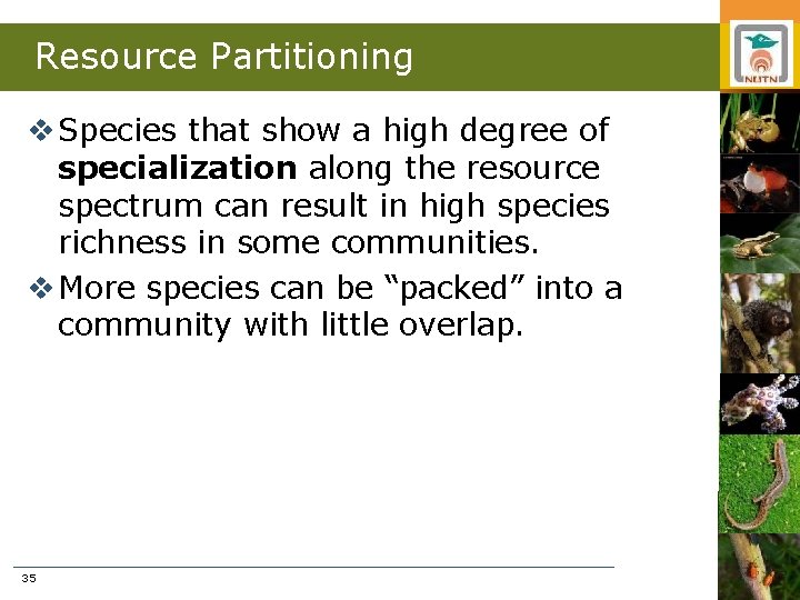 Resource Partitioning v Species that show a high degree of specialization along the resource