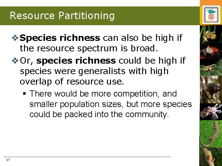 Resource Partitioning v Species richness can also be high if the resource spectrum is