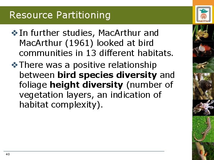 Resource Partitioning v In further studies, Mac. Arthur and Mac. Arthur (1961) looked at