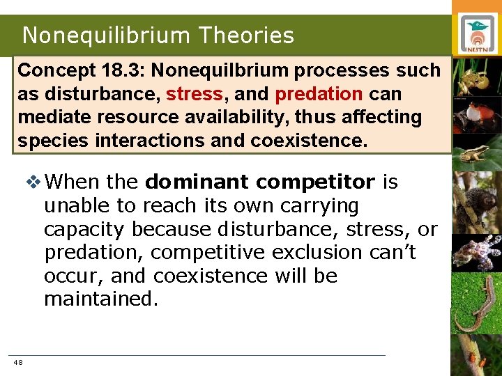 Nonequilibrium Theories Concept 18. 3: Nonequilbrium processes such as disturbance, stress, and predation can