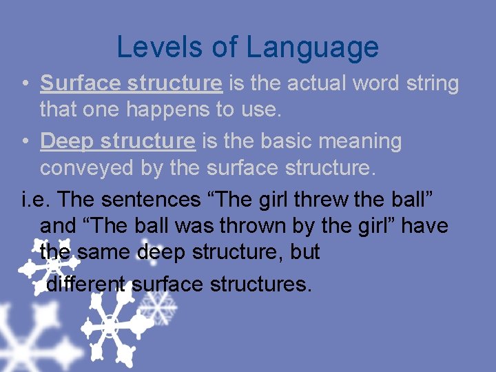 Levels of Language • Surface structure is the actual word string that one happens