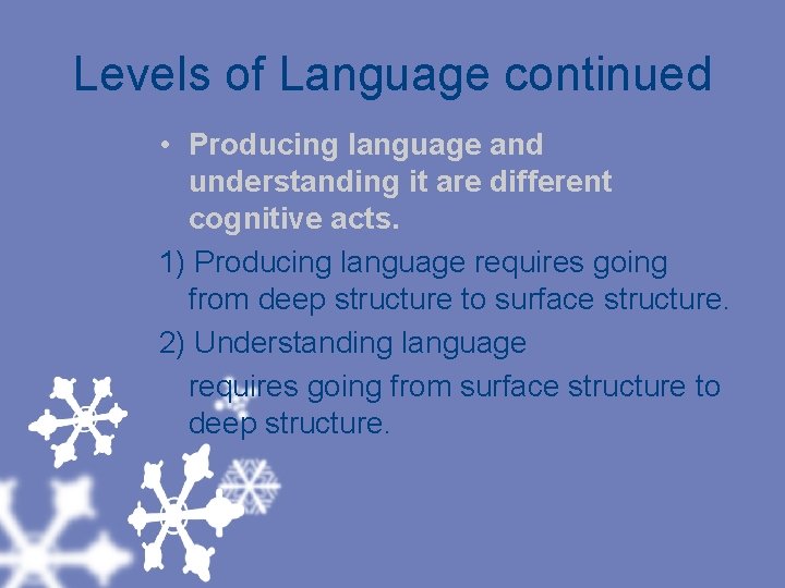 Levels of Language continued • Producing language and understanding it are different cognitive acts.