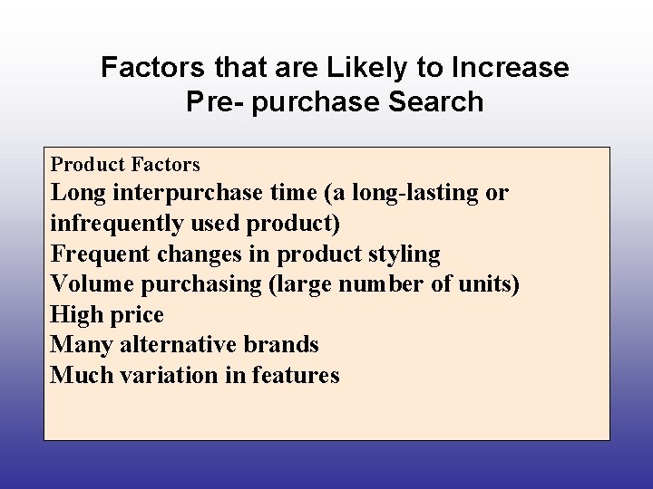 Factors that are Likely to Increase Pre- purchase Search Product Factors Long interpurchase time