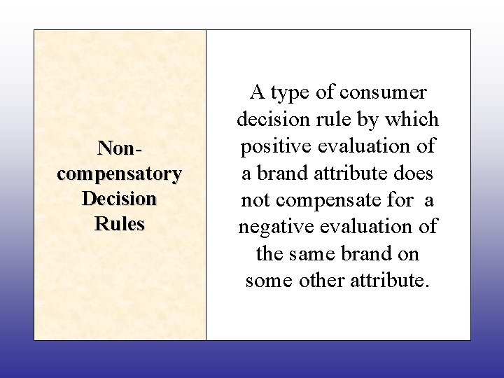 Noncompensatory Decision Rules A type of consumer decision rule by which positive evaluation of