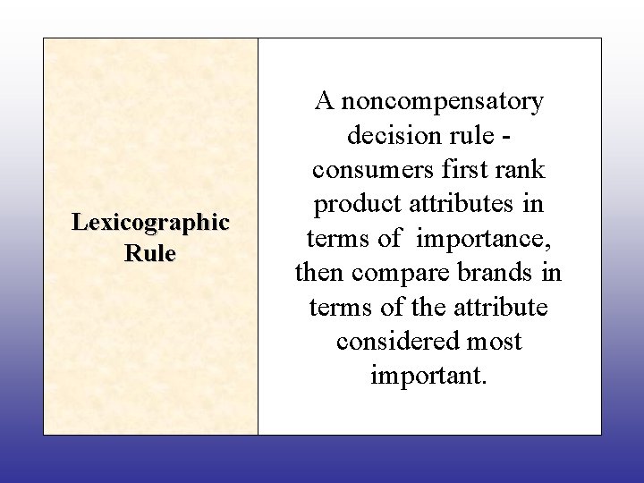 Lexicographic Rule A noncompensatory decision rule consumers first rank product attributes in terms of