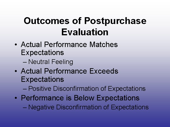 Outcomes of Postpurchase Evaluation • Actual Performance Matches Expectations – Neutral Feeling • Actual