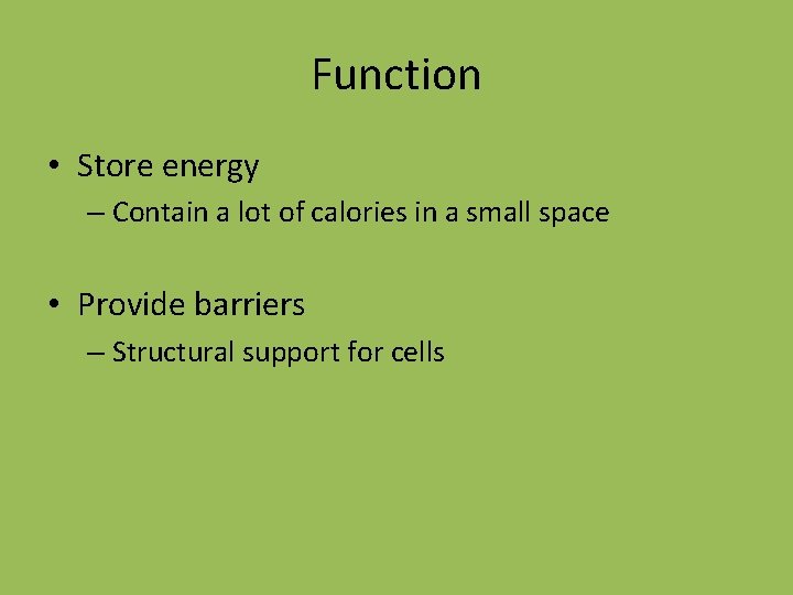 Function • Store energy – Contain a lot of calories in a small space