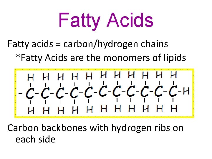Fatty Acids Fatty acids = carbon/hydrogen chains *Fatty Acids are the monomers of lipids
