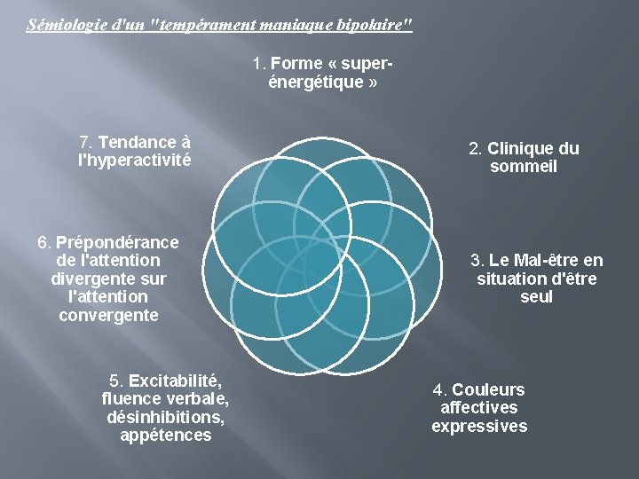 Sémiologie d'un "tempérament maniaque bipolaire" 1. Forme « superénergétique » 7. Tendance à l'hyperactivité