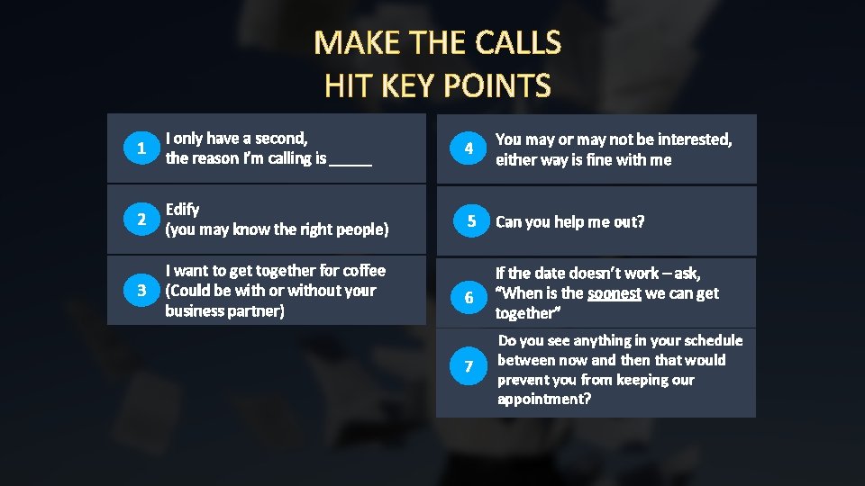 MAKE THE CALLS HIT KEY POINTS 1 I only have a second, the reason