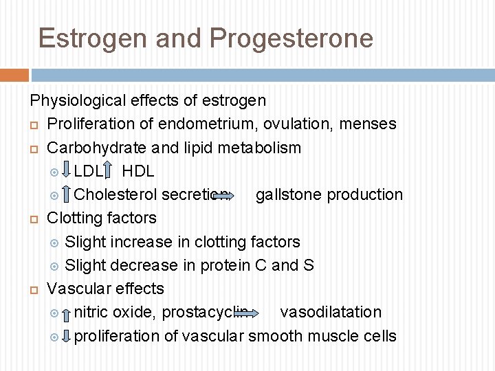 Estrogen and Progesterone Physiological effects of estrogen Proliferation of endometrium, ovulation, menses Carbohydrate and
