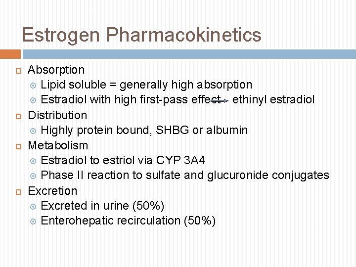 Estrogen Pharmacokinetics Absorption Lipid soluble = generally high absorption Estradiol with high first-pass effect