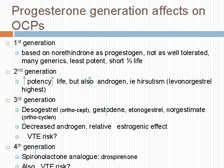 Progesterone generation affects on OCPs 1 st generation based on norethindrone as progestogen, not