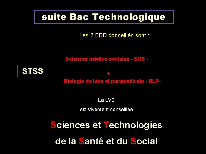 suite Bac Technologique Les 2 EDD conseillés sont : Sciences médico-sociales - SMS -