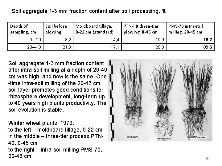 Soil aggregate 1 -3 mm fraction content after soil processing, % Depth of sampling,