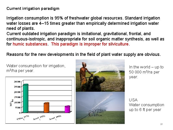 Current irrigation paradigm Irrigation consumption is 95% of freshwater global resources. Standard irrigation water
