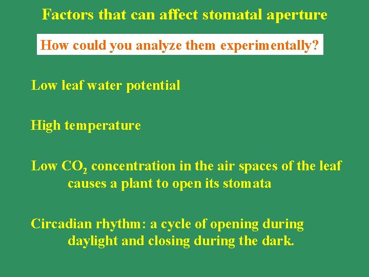 Factors that can affect stomatal aperture How could you analyze them experimentally? Low leaf