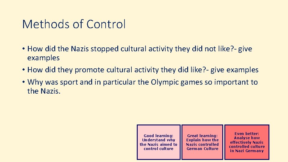 Methods of Control • How did the Nazis stopped cultural activity they did not