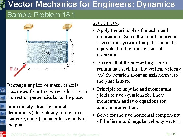 Tenth Edition Vector Mechanics for Engineers: Dynamics Sample Problem 18. 1 SOLUTION: • Apply