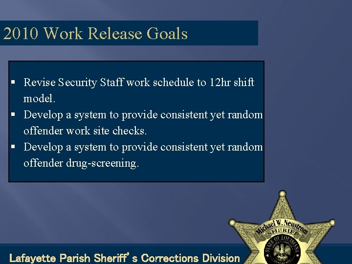 2010 Work Release Goals Revise Security Staff work schedule to 12 hr shift model.