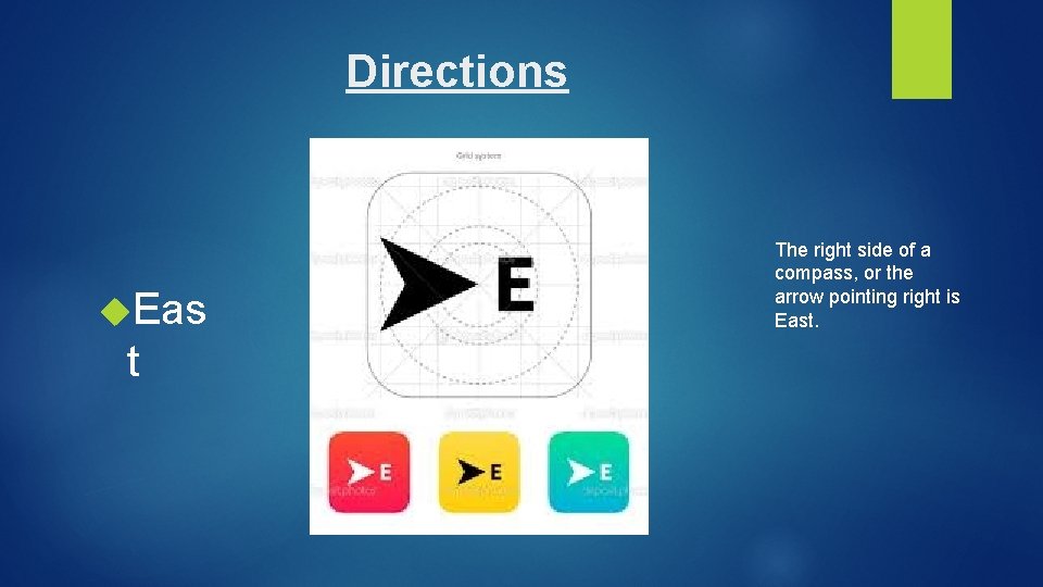 Directions Eas t The right side of a compass, or the arrow pointing right Directions Eas t The right side of a compass, or the arrow pointing right