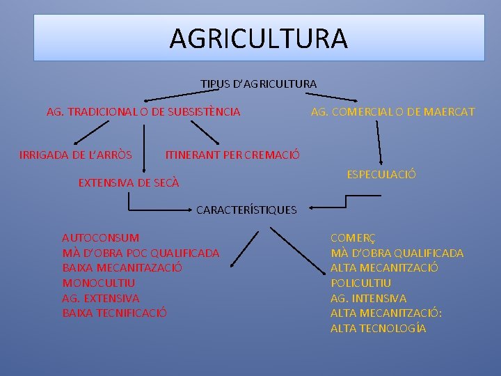 AGRICULTURA TIPUS D’AGRICULTURA AG. TRADICIONAL O DE SUBSISTÈNCIA IRRIGADA DE L’ARRÒS AG. COMERCIAL O