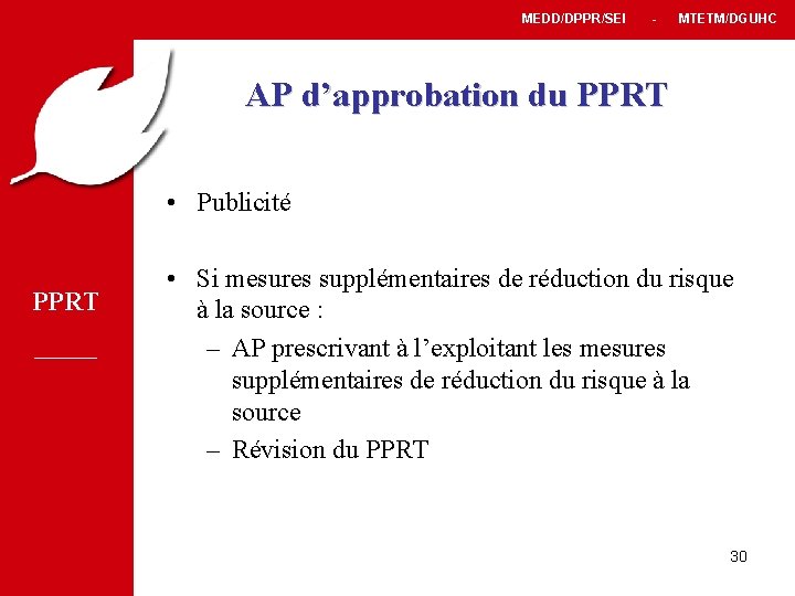 MEDD/DPPR/SEI - MTETM/DGUHC AP d’approbation du PPRT • Publicité PPRT • Si mesures supplémentaires