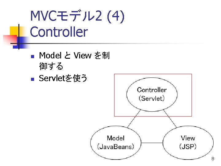 MVCモデル 2 (4) Controller n n Model と View を制 御する Servletを使う 8 