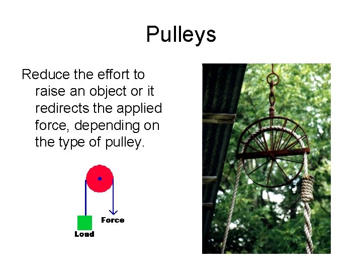 Pulleys Reduce the effort to raise an object or it redirects the applied force,