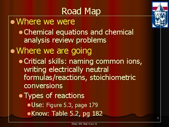 l Where Road Map we were l Chemical equations and chemical analysis review problems