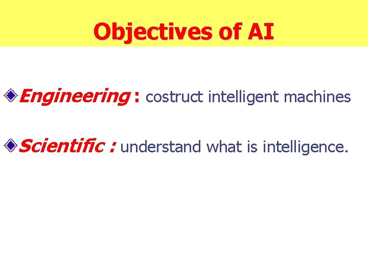 Objectives of AI Engineering : costruct intelligent machines Scientific : understand what is intelligence.