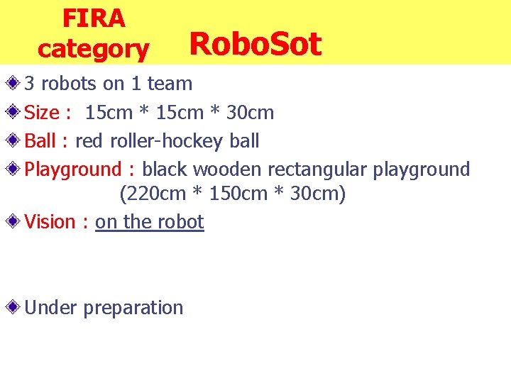 FIRA category Robo. Sot 3 robots on 1 team Size : 15 cm *