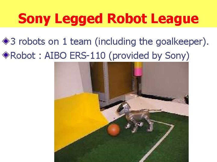 Sony Legged Robot League 3 robots on 1 team (including the goalkeeper). Robot :