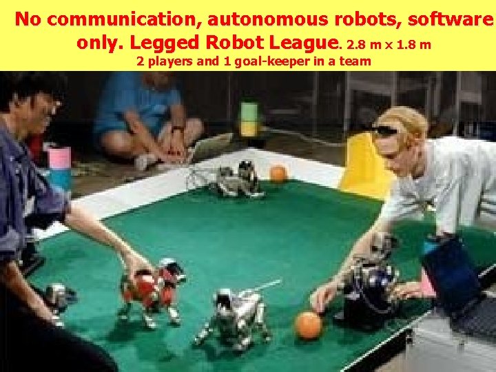 No communication, autonomous robots, software only. Legged Robot League. 2. 8 m x 1.