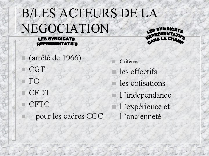 B/LES ACTEURS DE LA NEGOCIATION n n n (arrêté de 1966) CGT FO CFDT B/LES ACTEURS DE LA NEGOCIATION n n n (arrêté de 1966) CGT FO CFDT