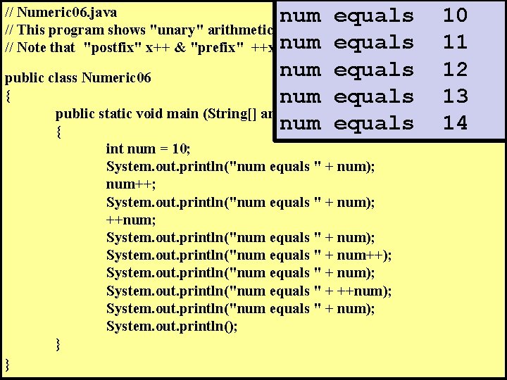 // Numeric 06. java num equals 10 // This program shows "unary" arithmetic shortcut