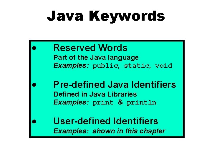 Java Keywords Reserved Words Part of the Java language Examples: public, static, void Pre-defined