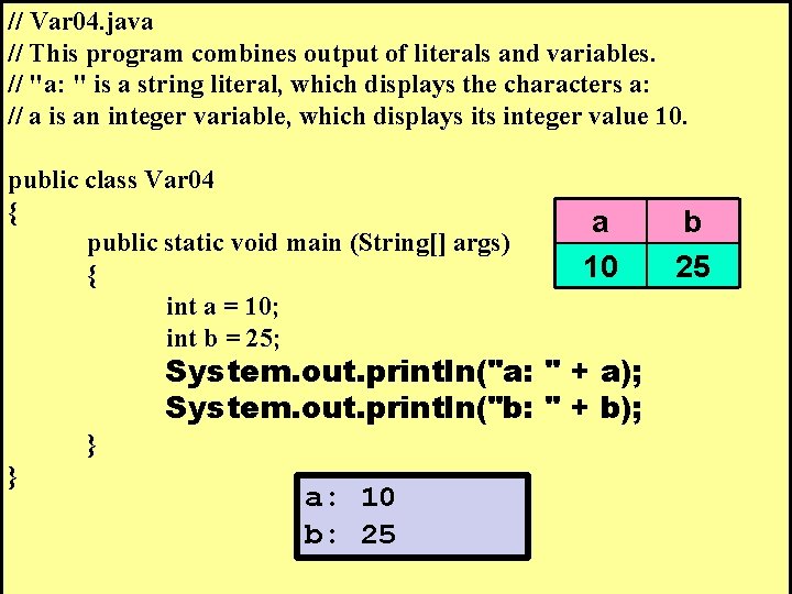 // Var 04. java // This program combines output of literals and variables. //