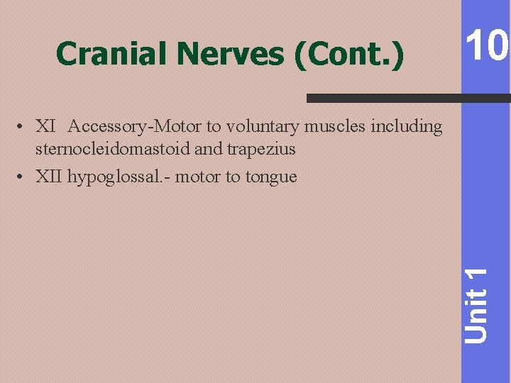 Cranial Nerves (Cont. ) 10 Unit 1 • XI Accessory-Motor to voluntary muscles including
