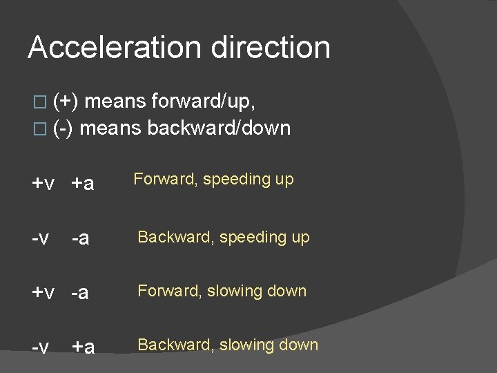 Acceleration direction � (+) means forward/up, � (-) means backward/down +v +a Forward, speeding