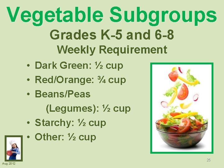 Vegetable Subgroups Grades K-5 and 6 -8 Weekly Requirement • Dark Green: ½ cup